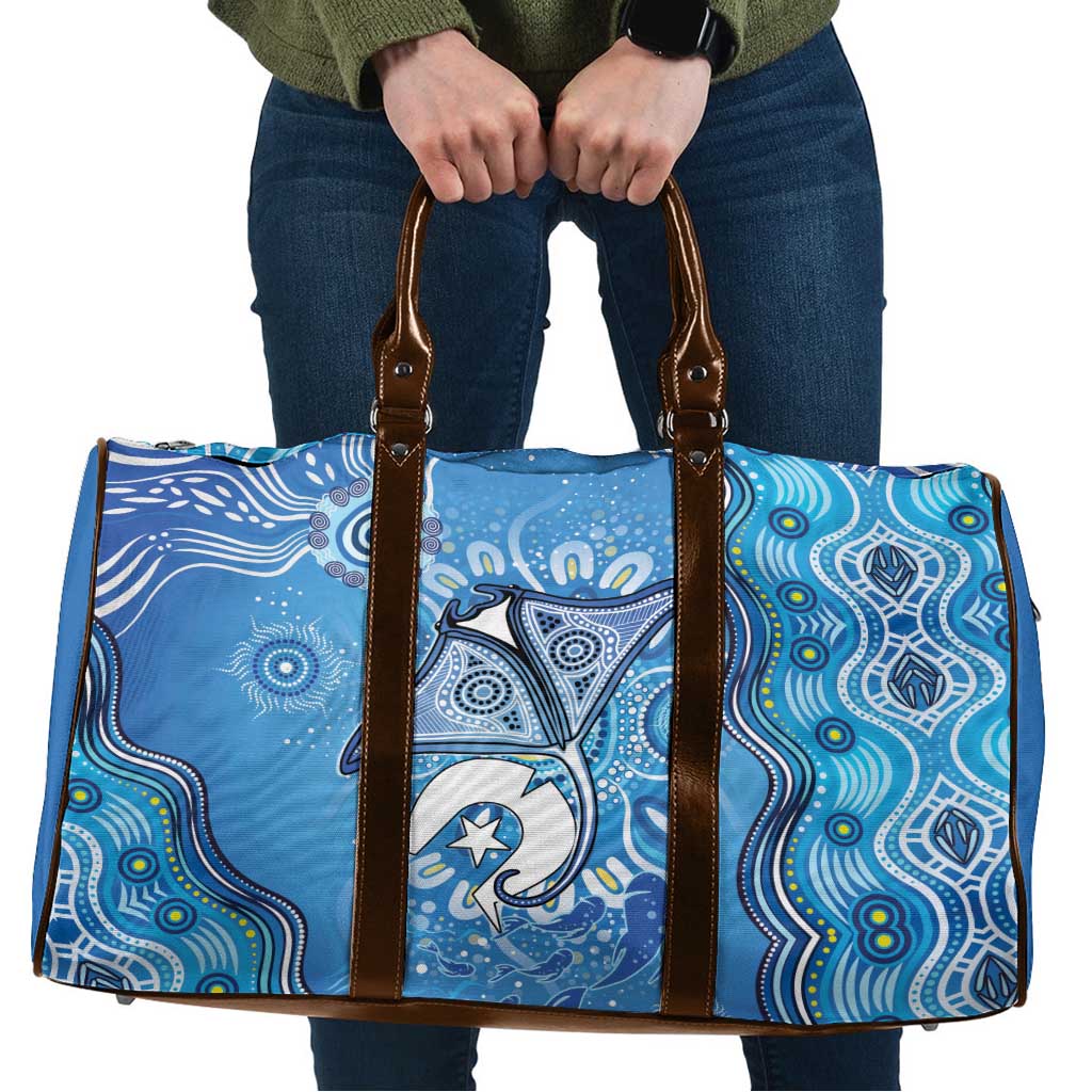 Torres Strait Islander Dhari Stingray Travel Bag Aboriginal Dot Art Blue Pastel Style