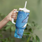 Torres Strait Islander Dhari Stingray Tumbler With Handle Aboriginal Dot Art Blue Pastel Style