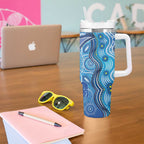 Torres Strait Islander Dhari Stingray Tumbler With Handle Aboriginal Dot Art Blue Pastel Style