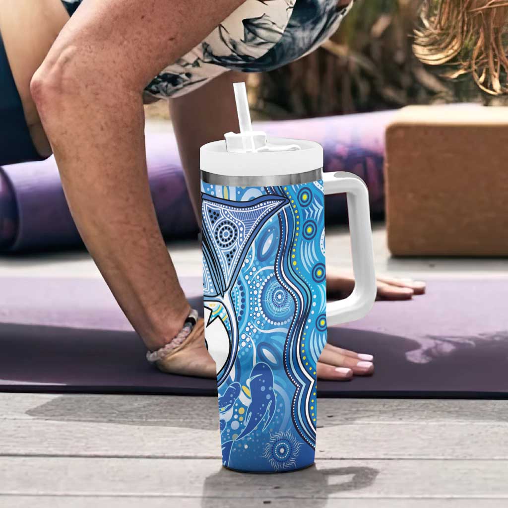 Torres Strait Islander Dhari Stingray Tumbler With Handle Aboriginal Dot Art Blue Pastel Style