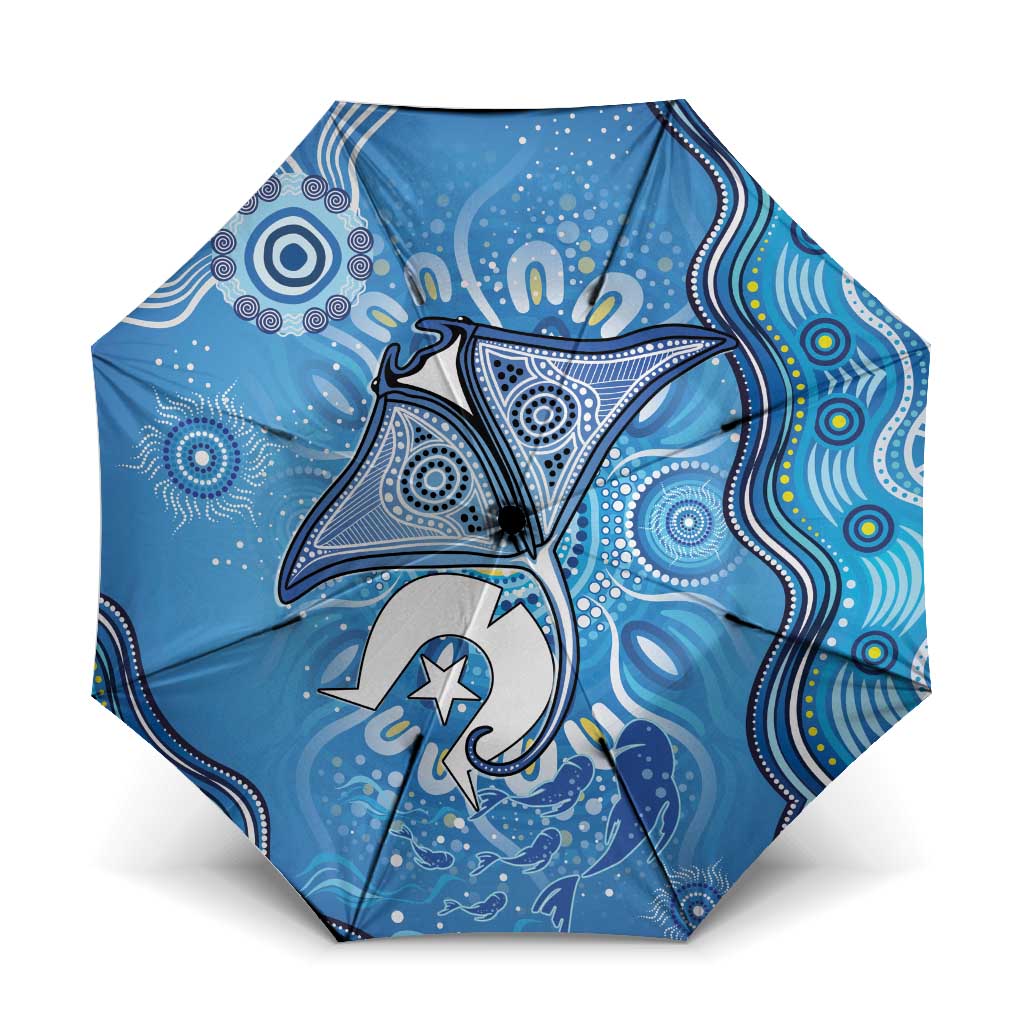 Torres Strait Islander Dhari Stingray Umbrella Aboriginal Dot Art Blue Pastel Style