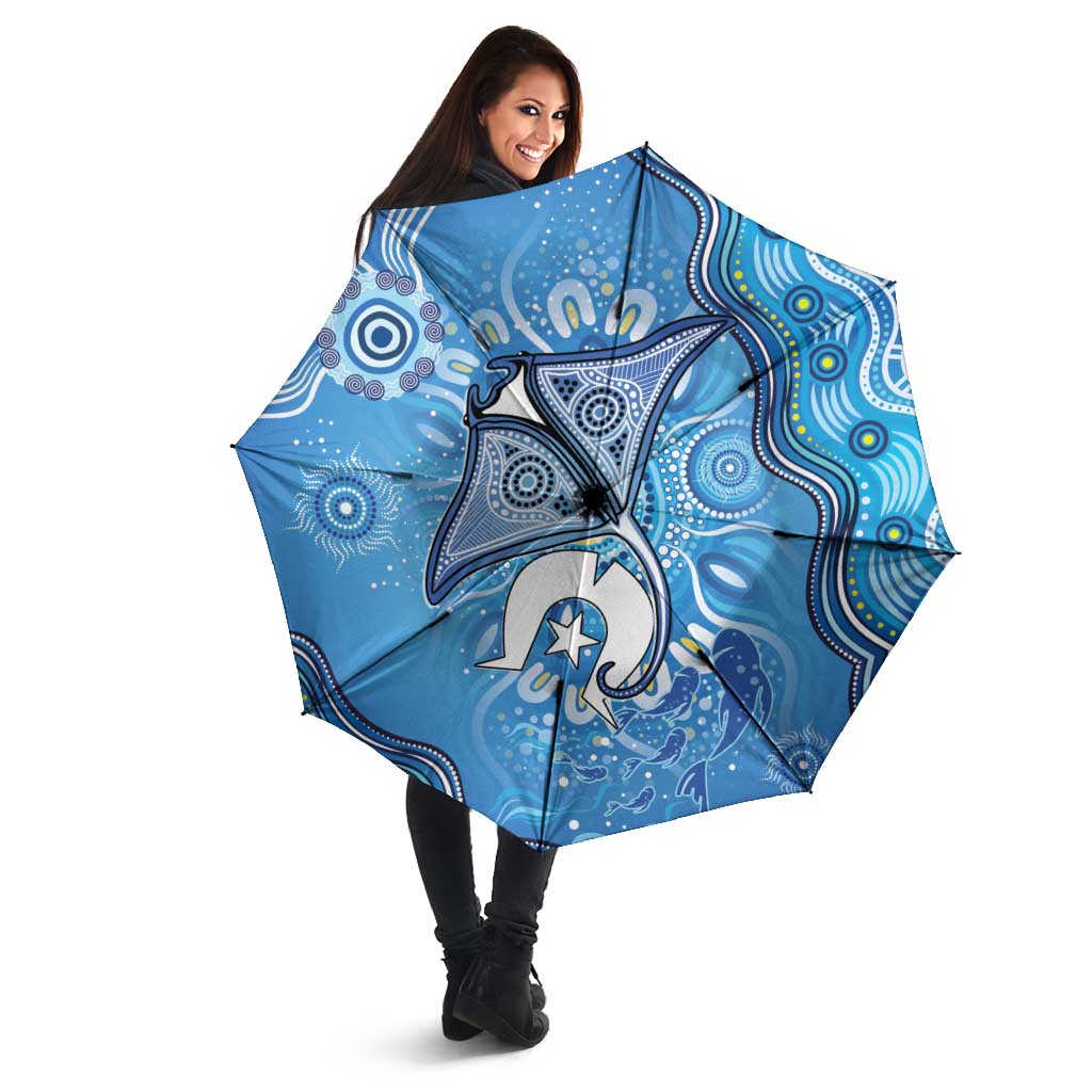 Torres Strait Islander Dhari Stingray Umbrella Aboriginal Dot Art Blue Pastel Style