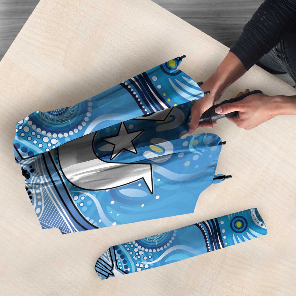 Torres Strait Islander Dhari Stingray Umbrella Aboriginal Dot Art Blue Pastel Style