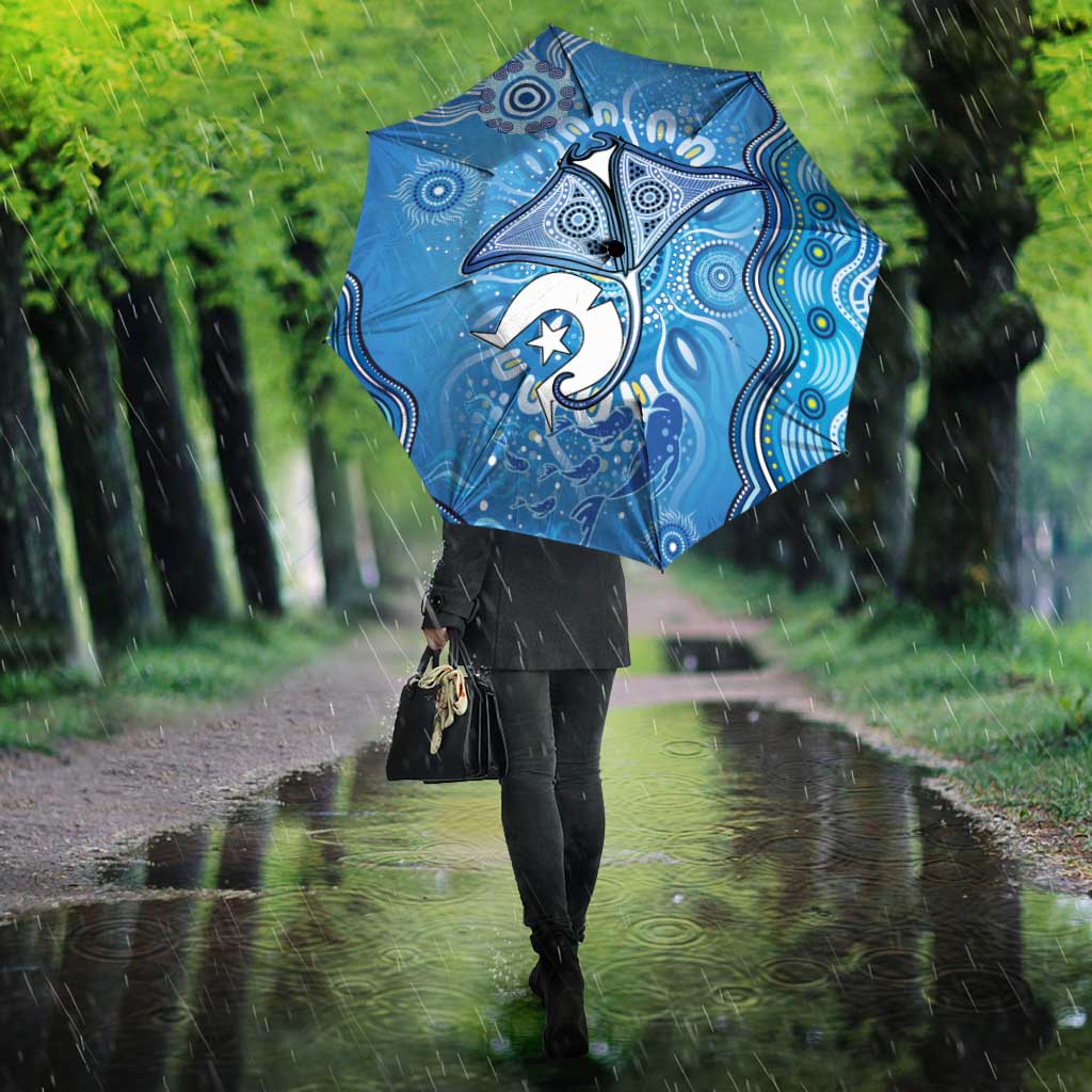 Torres Strait Islander Dhari Stingray Umbrella Aboriginal Dot Art Blue Pastel Style