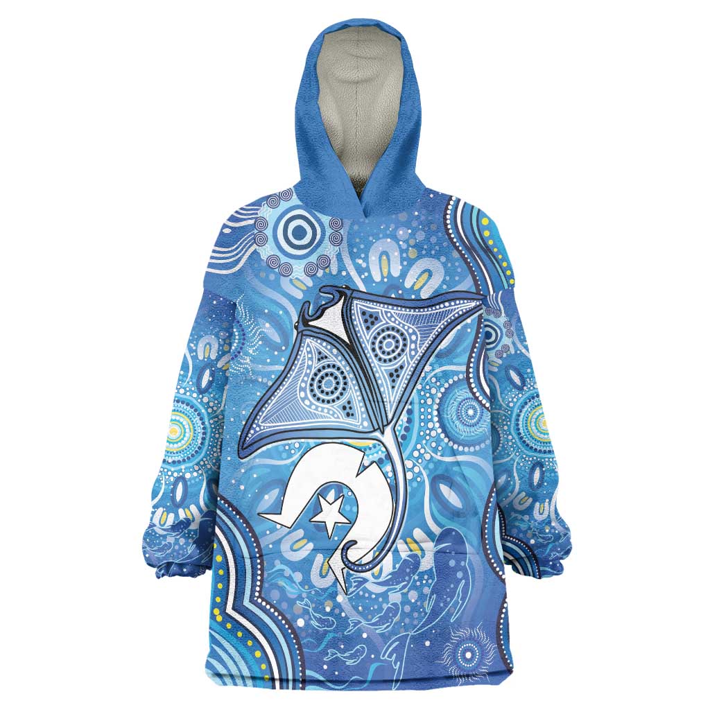 Torres Strait Islander Dhari Stingray Wearable Blanket Hoodie Aboriginal Dot Art Blue Pastel Style