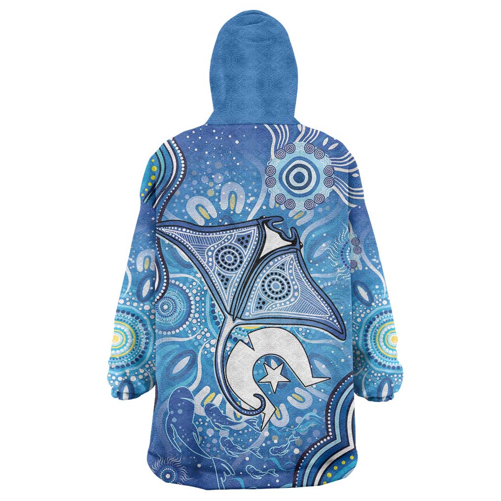 Torres Strait Islander Dhari Stingray Wearable Blanket Hoodie Aboriginal Dot Art Blue Pastel Style
