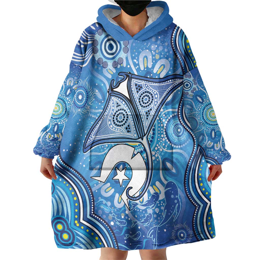 Torres Strait Islander Dhari Stingray Wearable Blanket Hoodie Aboriginal Dot Art Blue Pastel Style