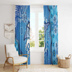 Torres Strait Islander Dhari Stingray Window Curtain Aboriginal Dot Art Blue Pastel Style