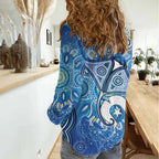 Torres Strait Islander Dhari Stingray Women Casual Shirt Aboriginal Dot Art Blue Pastel Style