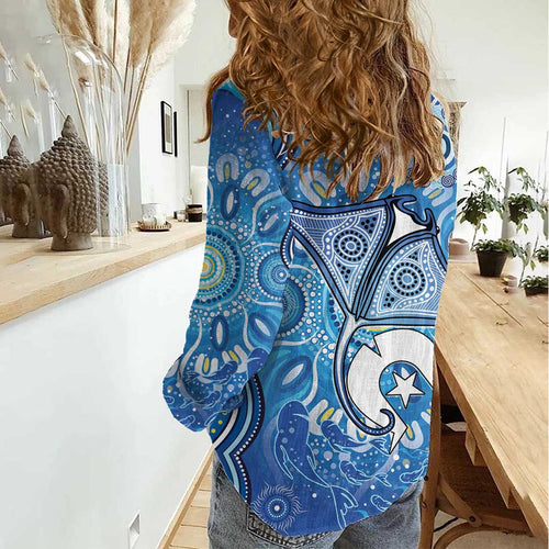 Torres Strait Islander Dhari Stingray Women Casual Shirt Aboriginal Dot Art Blue Pastel Style