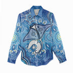 Torres Strait Islander Dhari Stingray Women Casual Shirt Aboriginal Dot Art Blue Pastel Style