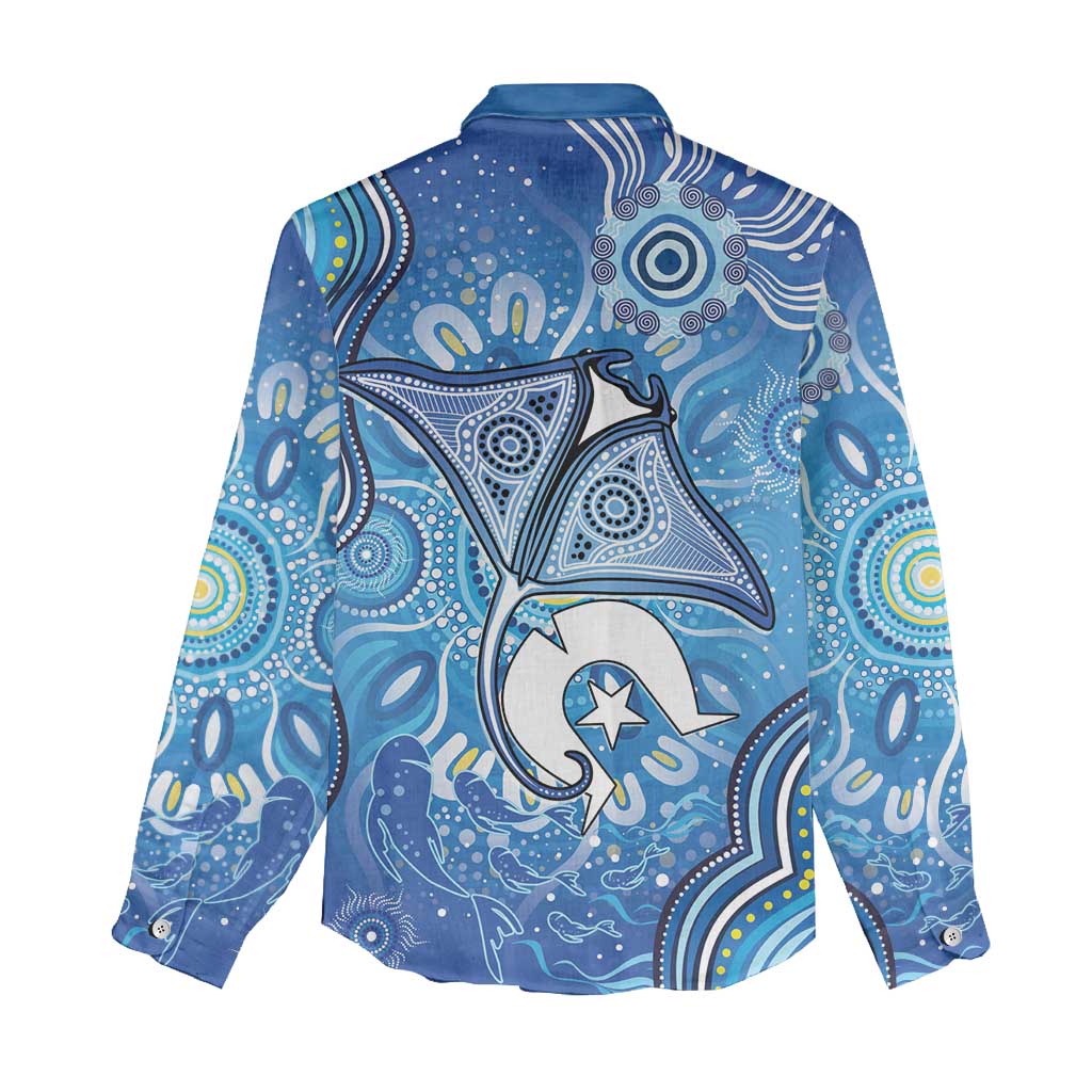 Torres Strait Islander Dhari Stingray Women Casual Shirt Aboriginal Dot Art Blue Pastel Style