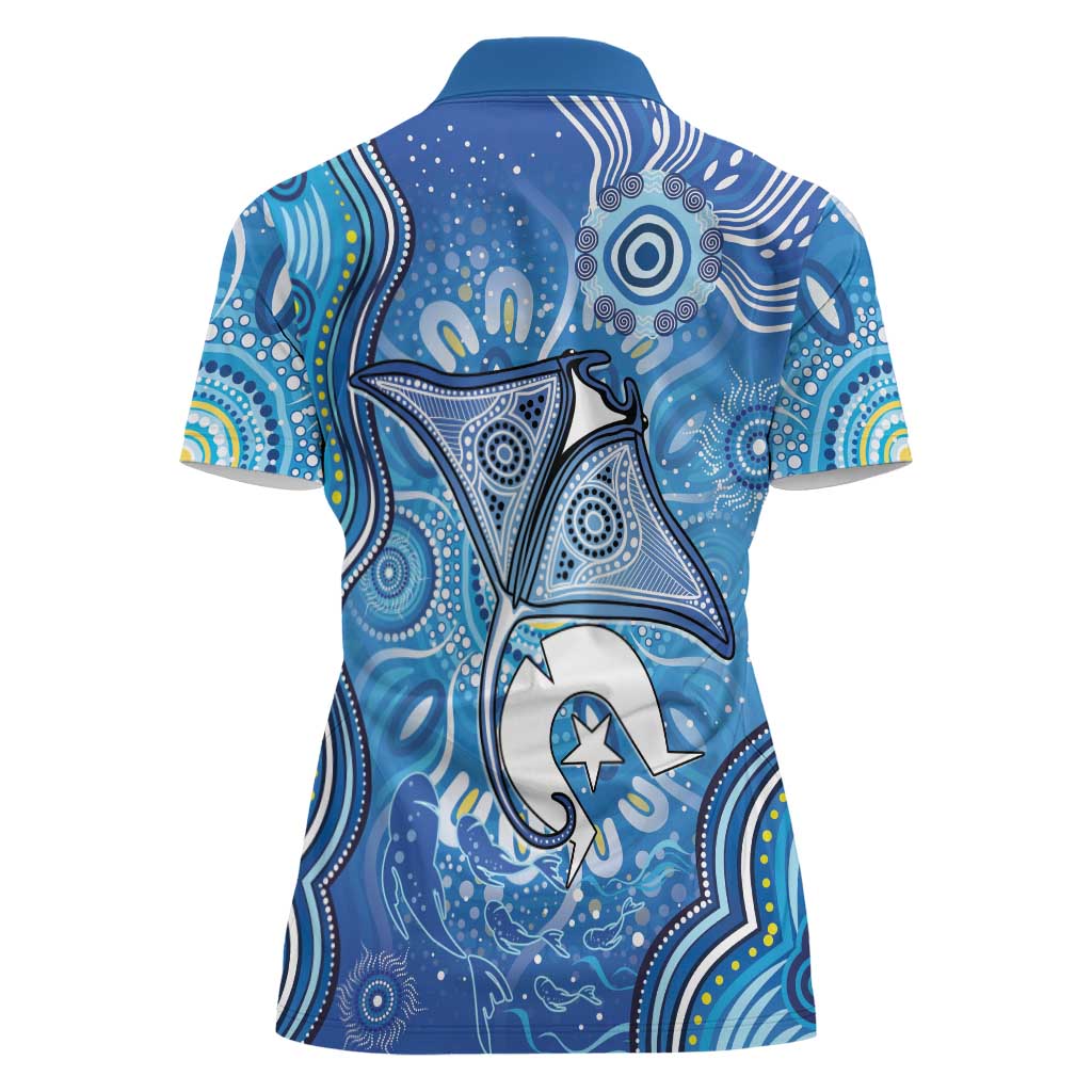 Torres Strait Islander Dhari Stingray Women Polo Shirt Aboriginal Dot Art Blue Pastel Style