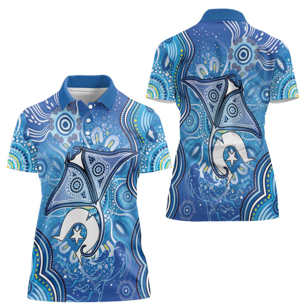 Torres Strait Islander Dhari Stingray Women Polo Shirt Aboriginal Dot Art Blue Pastel Style