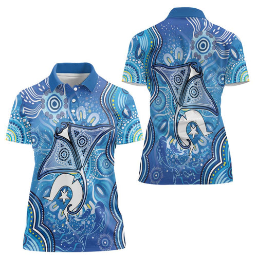 Torres Strait Islander Dhari Stingray Women Polo Shirt Aboriginal Dot Art Blue Pastel Style