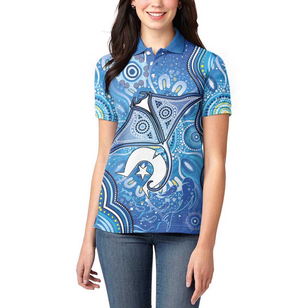 Torres Strait Islander Dhari Stingray Women Polo Shirt Aboriginal Dot Art Blue Pastel Style