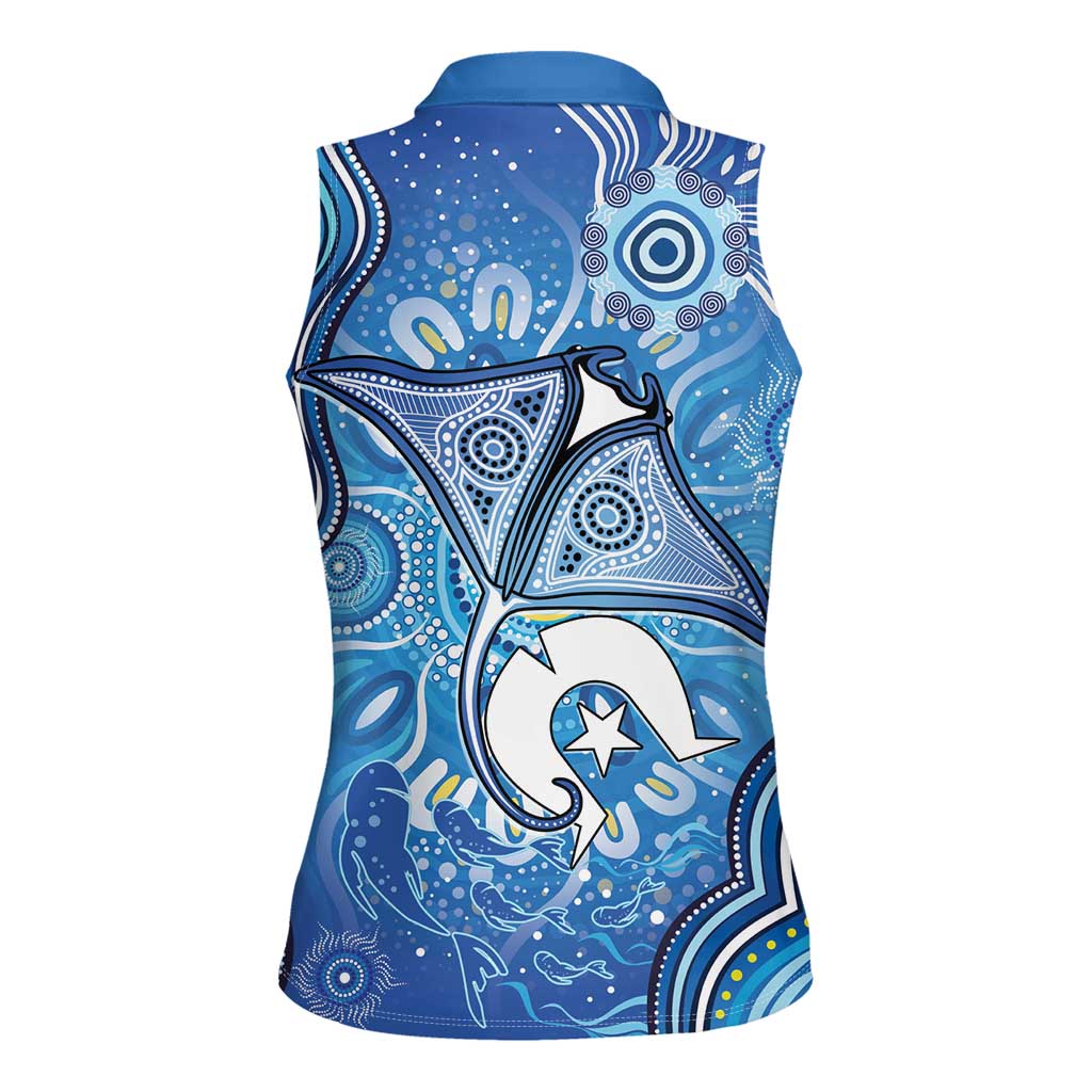 Torres Strait Islander Dhari Stingray Women Sleeveless Polo Shirt Aboriginal Dot Art Blue Pastel Style