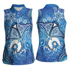 Torres Strait Islander Dhari Stingray Women Sleeveless Polo Shirt Aboriginal Dot Art Blue Pastel Style