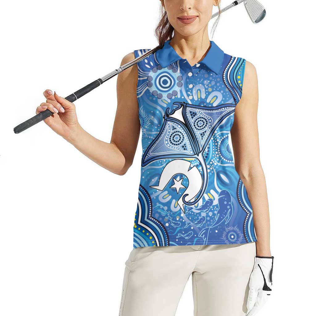 Torres Strait Islander Dhari Stingray Women Sleeveless Polo Shirt Aboriginal Dot Art Blue Pastel Style