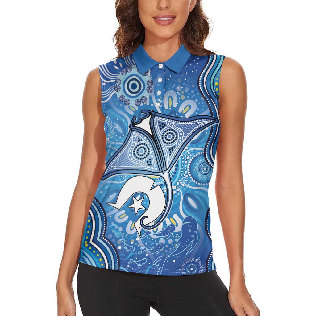 Torres Strait Islander Dhari Stingray Women Sleeveless Polo Shirt Aboriginal Dot Art Blue Pastel Style