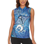 Torres Strait Islander Dhari Stingray Women Sleeveless Polo Shirt Aboriginal Dot Art Blue Pastel Style