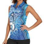 Torres Strait Islander Dhari Stingray Women Sleeveless Polo Shirt Aboriginal Dot Art Blue Pastel Style
