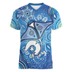 Torres Strait Islander Dhari Stingray Women V-Neck T-Shirt Aboriginal Dot Art Blue Pastel Style