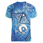 Torres Strait Islander Dhari Stingray Women V-Neck T-Shirt Aboriginal Dot Art Blue Pastel Style