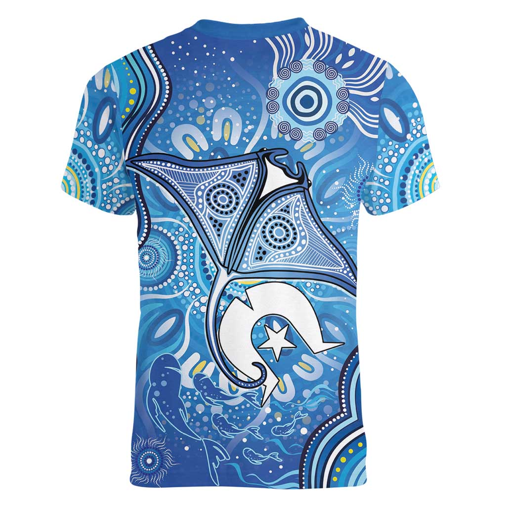 Torres Strait Islander Dhari Stingray Women V-Neck T-Shirt Aboriginal Dot Art Blue Pastel Style