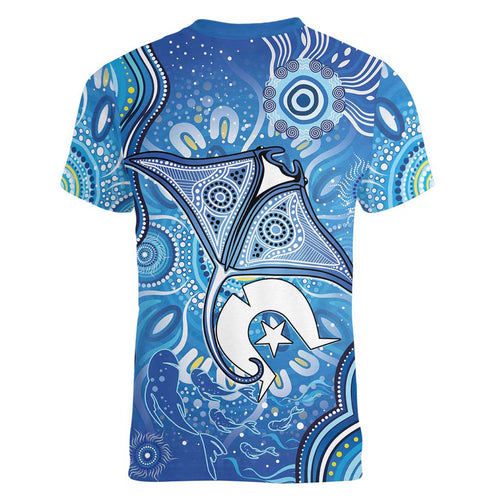 Torres Strait Islander Dhari Stingray Women V-Neck T-Shirt Aboriginal Dot Art Blue Pastel Style