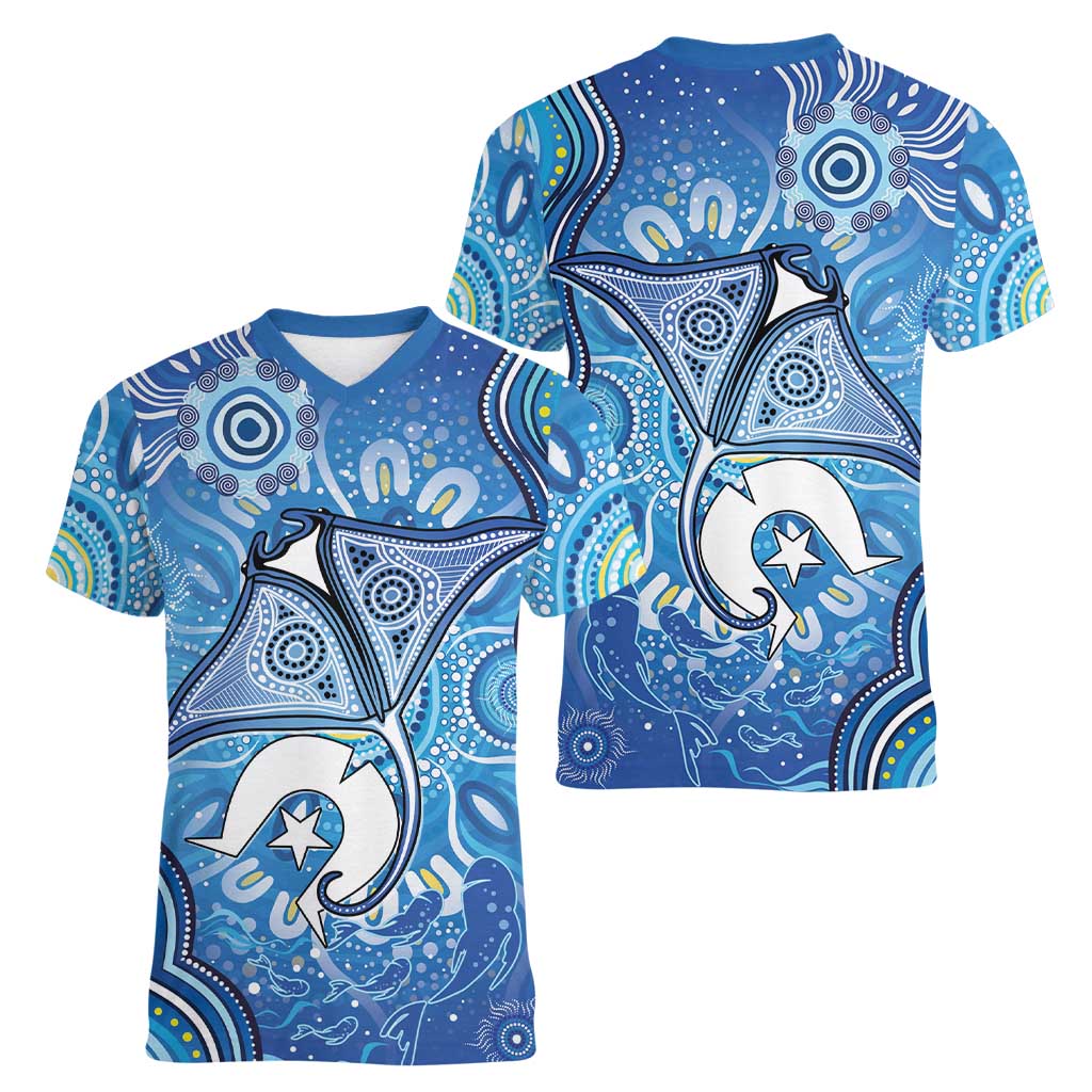 Torres Strait Islander Dhari Stingray Women V-Neck T-Shirt Aboriginal Dot Art Blue Pastel Style
