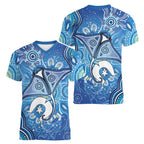 Torres Strait Islander Dhari Stingray Women V-Neck T-Shirt Aboriginal Dot Art Blue Pastel Style