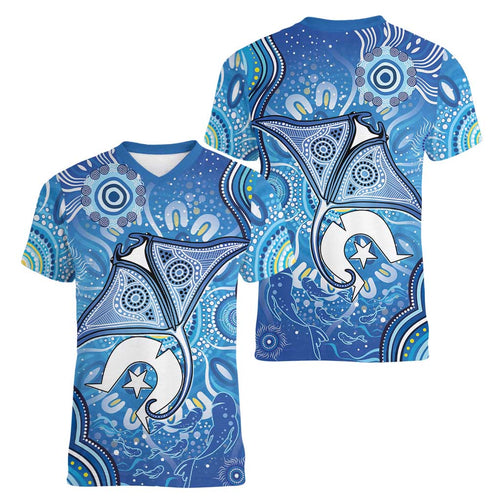 Torres Strait Islander Dhari Stingray Women V-Neck T-Shirt Aboriginal Dot Art Blue Pastel Style