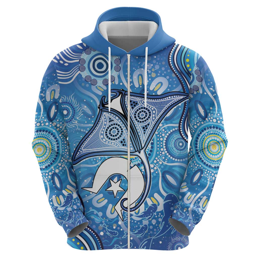 Torres Strait Islander Dhari Stingray Zip Hoodie Aboriginal Dot Art Blue Pastel Style