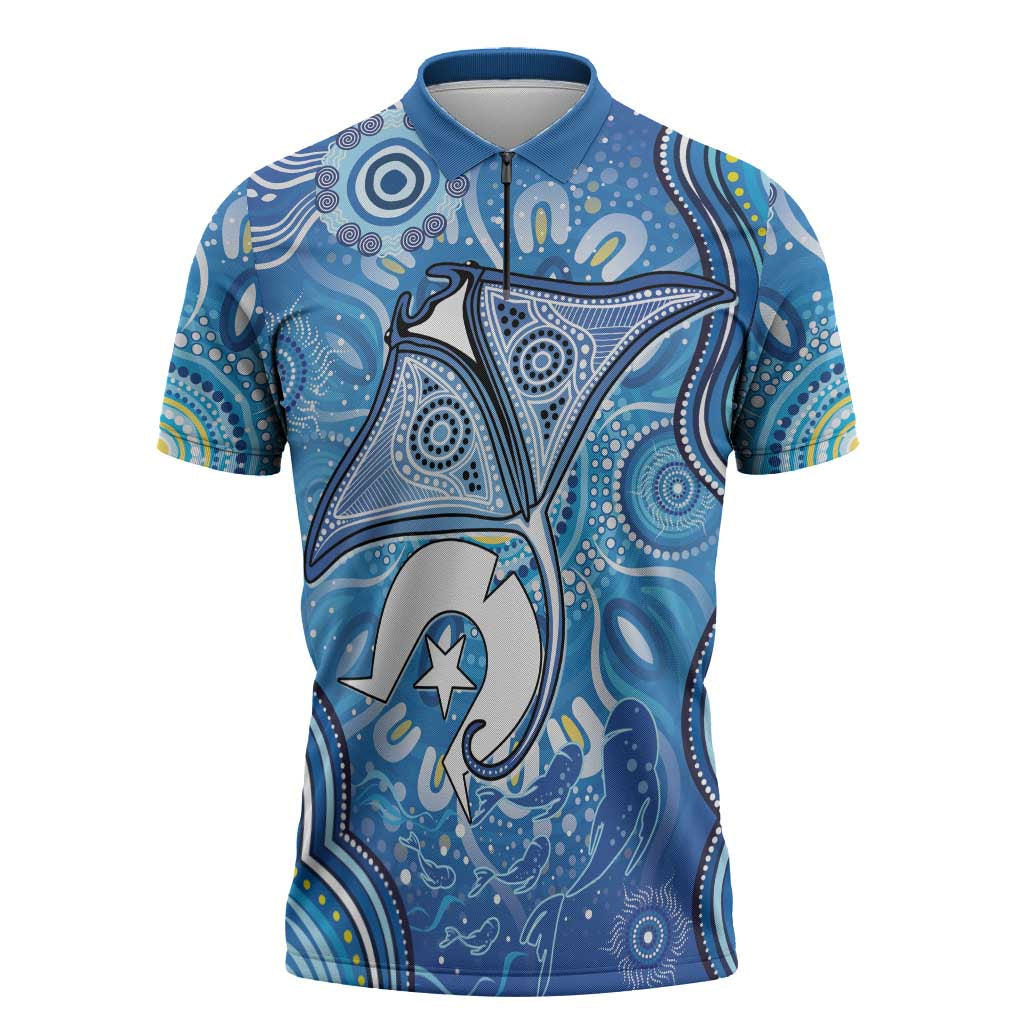 Torres Strait Islander Dhari Stingray Zipper Polo Shirt Aboriginal Dot Art Blue Pastel Style