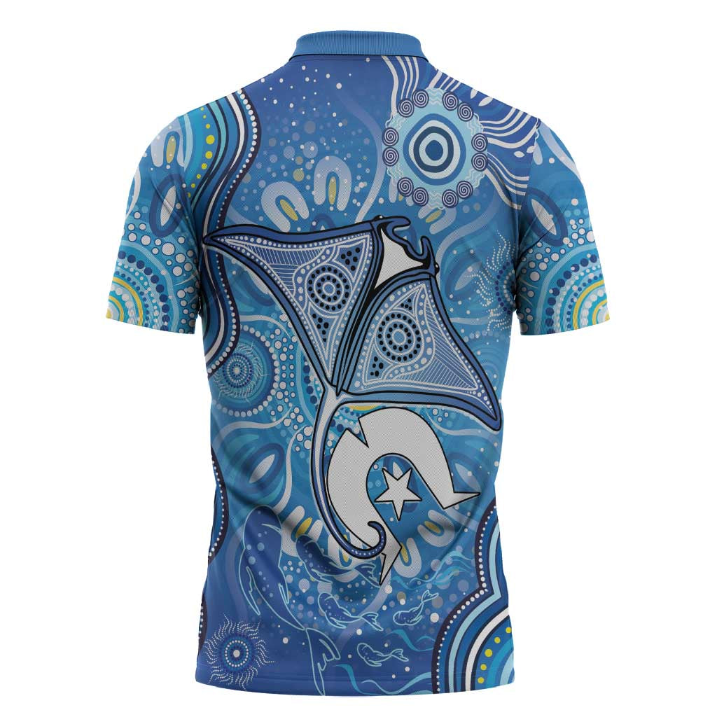 Torres Strait Islander Dhari Stingray Zipper Polo Shirt Aboriginal Dot Art Blue Pastel Style