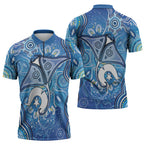 Torres Strait Islander Dhari Stingray Zipper Polo Shirt Aboriginal Dot Art Blue Pastel Style