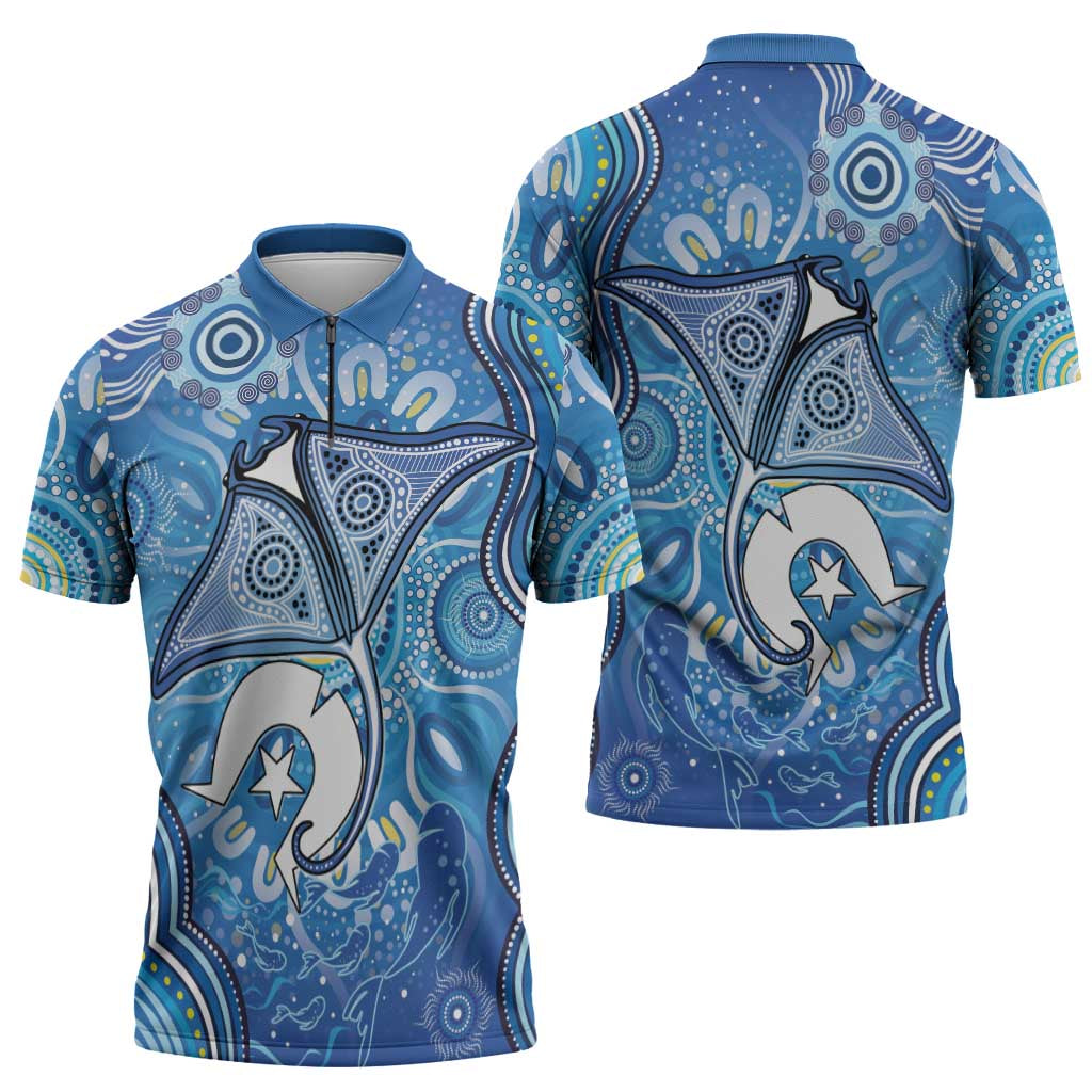 Torres Strait Islander Dhari Stingray Zipper Polo Shirt Aboriginal Dot Art Blue Pastel Style