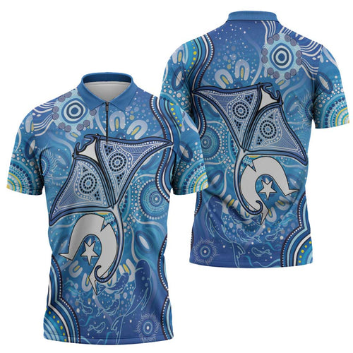 Torres Strait Islander Dhari Stingray Zipper Polo Shirt Aboriginal Dot Art Blue Pastel Style