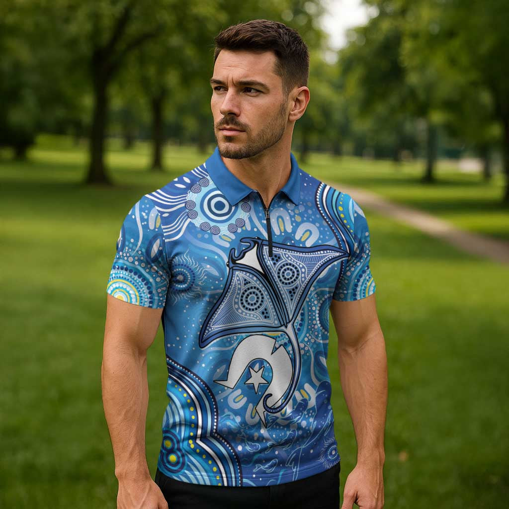 Torres Strait Islander Dhari Stingray Zipper Polo Shirt Aboriginal Dot Art Blue Pastel Style