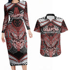 Aotearoa Iwi Ngapuhi Personalised Couples Matching Long Sleeve Bodycon Dress and Hawaiian Shirt Maori Kowhaiwhai Pattern