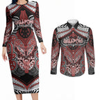 Aotearoa Iwi Ngapuhi Personalised Couples Matching Long Sleeve Bodycon Dress and Long Sleeve Button Shirt Maori Kowhaiwhai Pattern
