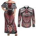 Aotearoa Iwi Ngapuhi Personalised Couples Matching Off Shoulder Maxi Dress and Long Sleeve Button Shirt Maori Kowhaiwhai Pattern