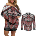 Aotearoa Iwi Ngapuhi Personalised Couples Matching Off Shoulder Short Dress and Long Sleeve Button Shirt Maori Kowhaiwhai Pattern