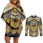 Aotearoa Iwi Ngati Whatua Personalised Couples Matching Off Shoulder Short Dress and Long Sleeve Button Shirt Maori Kowhaiwhai Pattern
