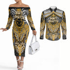 Aotearoa Iwi Ngati Whatua Personalised Couples Matching Off The Shoulder Long Sleeve Dress and Long Sleeve Button Shirt Maori Kowhaiwhai Pattern