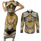 Aotearoa Iwi Ngati Whatua Personalised Couples Matching Short Sleeve Bodycon Dress and Long Sleeve Button Shirt Maori Kowhaiwhai Pattern