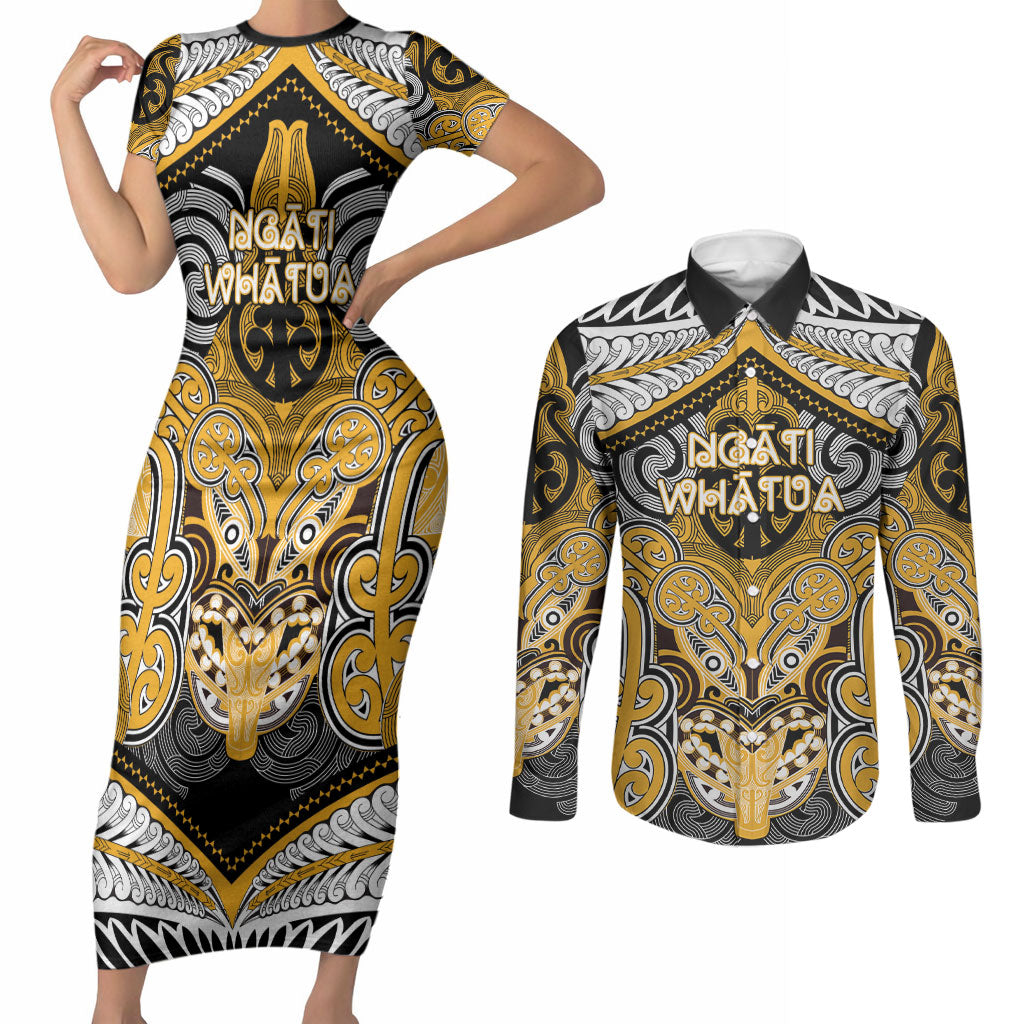 Aotearoa Iwi Ngati Whatua Personalised Couples Matching Short Sleeve Bodycon Dress and Long Sleeve Button Shirt Maori Kowhaiwhai Pattern