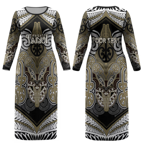 Aotearoa Iwi Waikato Tainui Personalised Couples Matching Long Sleeve Bodycon Dress and Long Sleeve Button Shirt Maori Kowhaiwhai Pattern