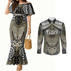 Aotearoa Iwi Waikato Tainui Personalised Couples Matching Mermaid Dress and Long Sleeve Button Shirt Maori Kowhaiwhai Pattern